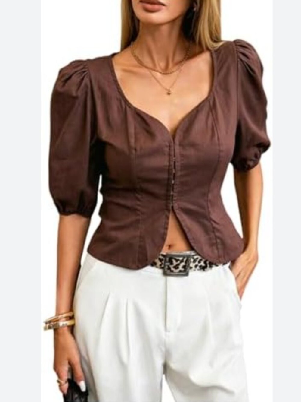 Cotton Brown Cropped Puff-Sleeve Blouse Scoop Neck Size - Size X-Small